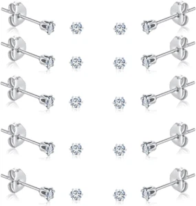 6-10 Pairs Tiny Women'S Stainless Steel round Clear Cubic Zirconia Stud Earrings - Picture 1 of 12