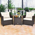 3 Pcs Patio Rattan Furniture Set Cushioned Couch Sofa Coffee Table Garden White