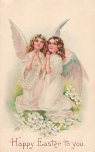 Easter Angels Postcard Praying Angels in White Embossed  PM 1910    O9 - Picture 1 of 2