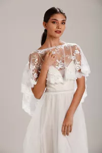 Ivory Lace Wedding Dress Cover Up Tulle Bridal Shawl Wrap Stole Shrug Bolero - Picture 1 of 3