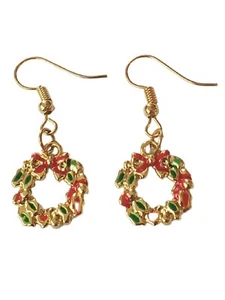 Holiday Wreath Christmas Gift Red Gold Dangle Drop Earrings Stocking Stuffer - Picture 1 of 2