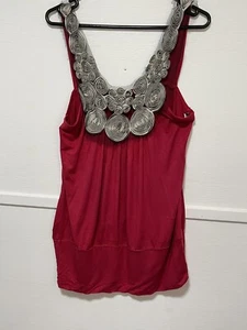 crossroads Size L Sleeveless Top Silver Floral & Ring Coil Design Elastane - Picture 1 of 8