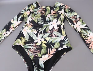 Women's Tropical Print Long Sleeve One Piece Swimsuit - Kona Sol™ Black M - Picture 1 of 4