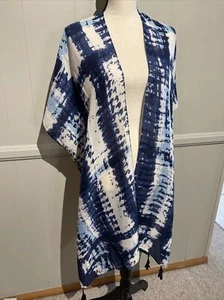 Memories EUC Blue Tie Dye Sheer Open Front Kimono Cardigan Tassels One Size C10 - Picture 1 of 12