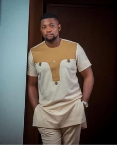 Ivory & Gold Men's Short Sleeve and Pants Set African Clothing Kaftan Men's Wear - Picture 1 of 3