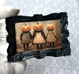 Miniature Dollhouse HaLLoWeeN 3 Pumpkin Head Girls MUSEUM quality framed art - Picture 1 of 5