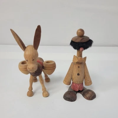 Juego de candelabros y estatuillas Beatnik de burro de madera de colección decoración de arte popular rústico MCM Foto 1 de 4