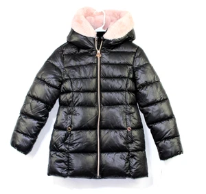 Michael Kors Black And Faux Fur Pink Hood Puffer Jacket Kids Size 10/12 NEW - Picture 1 of 11