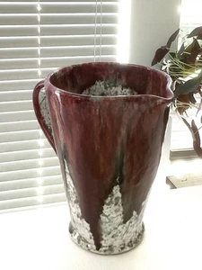 Art Pottery Pitcher Mid Century ITALY Drip Splatter Glaze Maroon Red Gray 6” - Picture 1 of 14