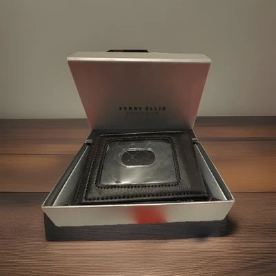 Perry Ellis Wallet Genuine Leather Textured Black Slim Bifold Portfolio NWT - Image 1 of 4