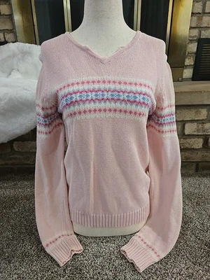 Suéter Aeropostale De Colección Años 90 Y2K Fair Isle Cuello en V Mujer Talla Pequeña Rosa Preppy  Foto 1 de 4