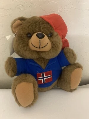 2001 Vntg Norway Brown Bear Plush Blue Shirt & Red Hat Teddy Bear 10” Tall Sits - Image 1 of 4