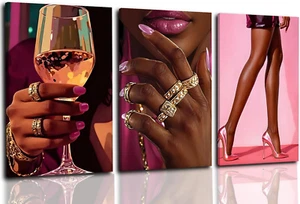 3 Pcs Pink Black Girl Wall Art, African American Women Painting Poster, Fashion - Picture 1 of 12