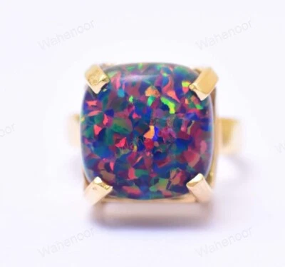 Nero Fuoco Opale 925 Anello Argento Sterling Cabochon di Fidanzamento Vedi Dei - Immagine 1 di 4