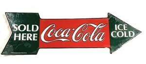Coca-Cola Sold Here Vintage 1990 Tin Embossed Metal Arrow Sign 27" x 9" - Picture 1 of 5