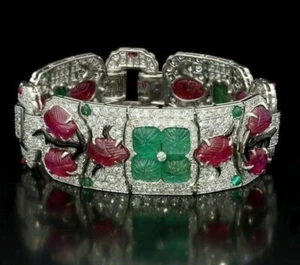 Carved Multi Gemstones Bangle Bracelet 925 Fine Silver Luxury Statement Jewelry - Picture 1 of 3