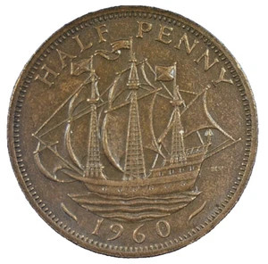 WORLD COIN SALE--1960 UNITED KINGDOM 1/2- PENNY--BRONZE COMP. COIN-KM# 896 - Picture 1 of 3