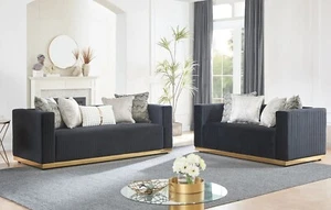 NEW 2PC Black Gold Sofa Loveseat Velvet Contemporary Glam Luxe Living Room Set - Picture 1 of 3