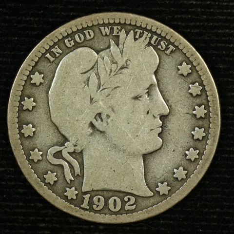 Barber Silver Quarter. 1902 S. Very Good Circulated. Lot #  9042-44-136 Cover