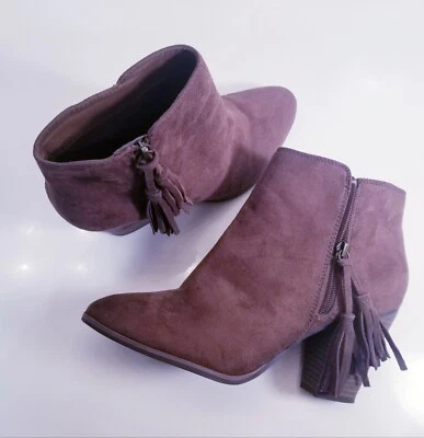 Botas Merona marrom camurça tornozelo tamanho 10 com zíperes com franja vintage - Imagem 1 de 4