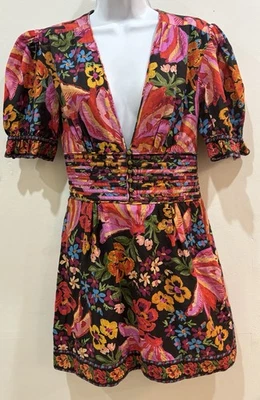 Minivestido Farm Rio negro rosa primavera estampado plátano cuello en V profundo ropa de resort pequeño Foto 1 de 4