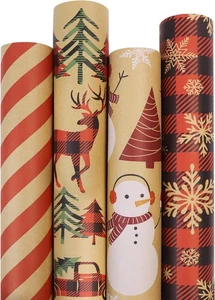17 inch Vintage Christmas Kraft Wrapping Paper Roll,4 Rolls Red Brown Christmas  - Picture 1 of 7