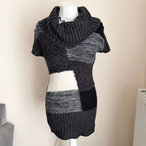 Jane Norman UK Size 14 Grey Patchwork Knit Jumper Dress Cowl Neck Tunic Y2K - Picture 1 of 11