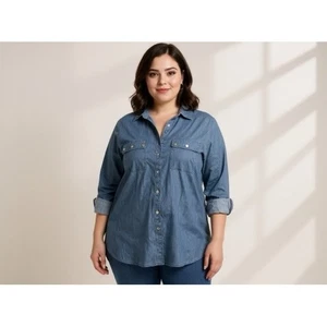 Camisa Michael Kors Azul Denim Cambray Envolvente Top Manga Larga Botón Bolsillos Delanteros - Imagen 1 de 5