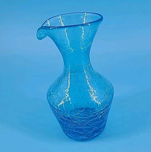 Blue Hand Blown Crackle Glass Cruet 5" Tall - Picture 1 of 6