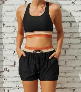 Seafancy Black Colorblock Zipper Back Sporty Bikini Top With Boy Short Sz L B15 - Picture 1 of 11