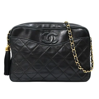 Bolsa de ombro Chanel corrente franja preta pele de cordeiro com bolsa de pó #KN458 - Imagem 1 de 4