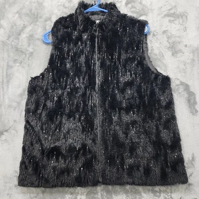 Joan Rivers Vest Womens M Black Faux Fur Sparkle Sequin Full Zip Sleeveless  - Image 1 of 4