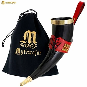 Mittelalter Wikinger Trink Wein Horn Bierkrug mit rotem Halter Aufhänger 350 ML - Bild 1 von 14