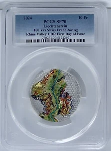 2024 Liechtenstein argento 2 oz 100 anni del franco svizzero PCGS SP70 FDOI Reno - Foto 1 di 3