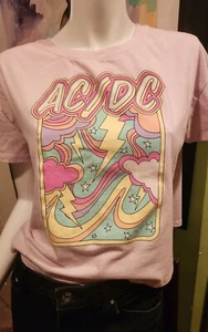 AC/DC Women's Pink Short Sleeve Rock And Roll Graphic Design Crop T-shirt Sz M - Picture 1 of 6