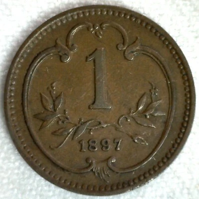 1897 Austria Bronze Heller Coin Extra Fine Circulated Franz Joseph I Ruler - Image 1 of 2