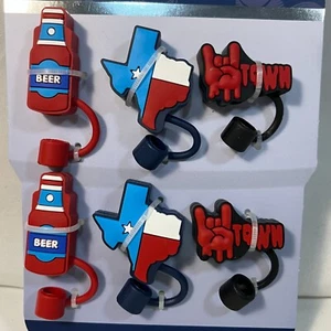 Texas Thema Silikon Strohhalm Topper Kappen State Hook 'em Horns Bier 6er Set Neu - Bild 1 von 3
