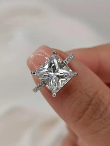 3Ct Princess-Cut Real Moissanite Solitaire Engagement Ring 14K White Gold Plated - Picture 1 of 5