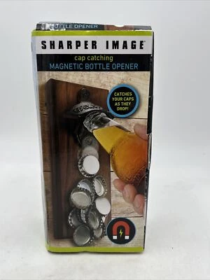 NIB Sharper Image Cap Catching Magnetic Bottle Opener Wall Mountable Wood Metal  - Image 1 of 4
