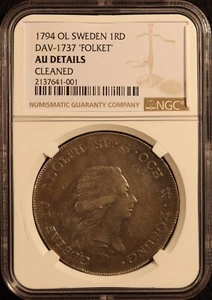 1794-OL Sweden Riksdaler "Gustaf IV Adolf" - NGC AU Details - Scarce Coin! Nice - Picture 1 of 9