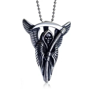 Goth Mens Biker Skull Grim Reaper Death Pendant Necklace Stainless Steel - Picture 1 of 8