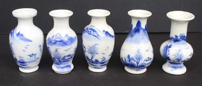 Lote De Colección De 5 Jarrones Clásicos Miniatura China Azul y Blanco Cerámica Sobremesa Foto 1 de 3