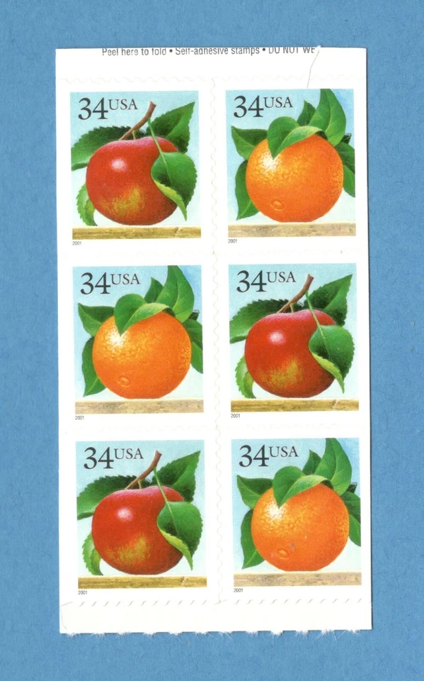 Sc # 3491-3492 ~ Block of 6 from BK284A ~ 34 cent Apples & Oranges Issue - Image 1 of 1