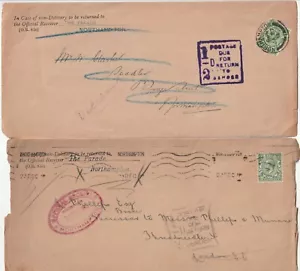 1912/16? 2 DIFF NORTHAMPTON POSTMARKS & BOXED ½d POSTAGE DUE FOR RETURN > SENDER - Picture 1 of 2