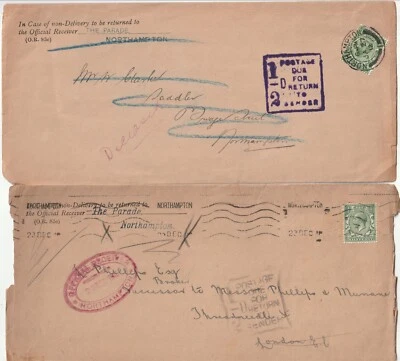 1912/16? 2 DIFF NORTHAMPTON POSTMARKS & BOXED ½d POSTAGE DUE FOR RETURN > SENDER - Image 1 of 2