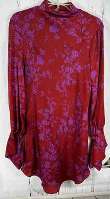 NWT New Free People XL Red Pink Floral LS High Neck Open Back Mod Mini Dress - Image 1 of 4