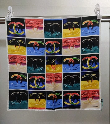 [Rank A] CHANEL CC Logo Square Scarf Silk Black x Multicolor 66cm Japan - Image 1 of 4