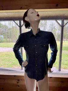 RALPH LAUREN Western Style Denim Pearl Snap Shirt sz 2 Runs Small, Slim Fit - Picture 1 of 8