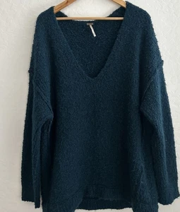 Free People Lofty V Neck Sweater Medium Oversized Teal Green Alpaca Boho Lounge - Picture 1 of 6