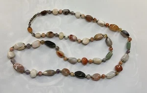 Vtg Polished Semi Precious Stone Long Single Strand Necklace 34” Brass Spacers - Picture 1 of 6
